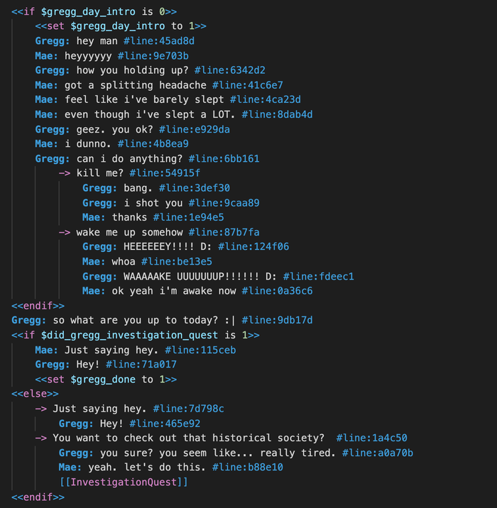 Lines of code that appear similar to a screenplay of a casual conversation between two characters