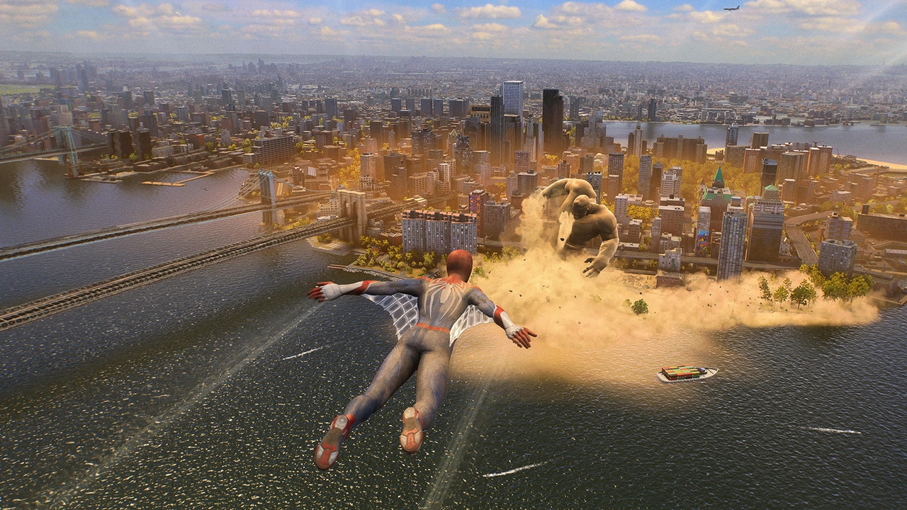 A screenshot from Marvel's Spider-Man 2. Spider-Man flies over New York A screenshot from Marvel's Spider-Man 2. Spider-Man flies over New York