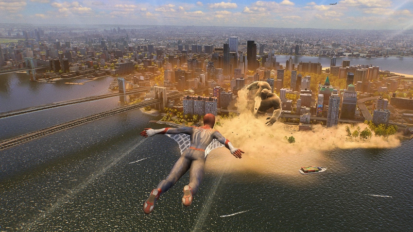 A screenshot from Marvel's Spider-Man 2. Spider-Man flies over New York