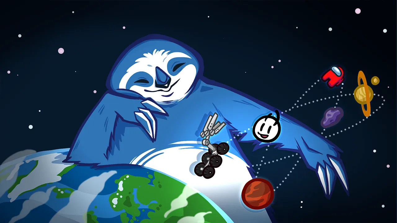 The Innersloth sloth leans on a planet. The Innersloth sloth leans on a planet.