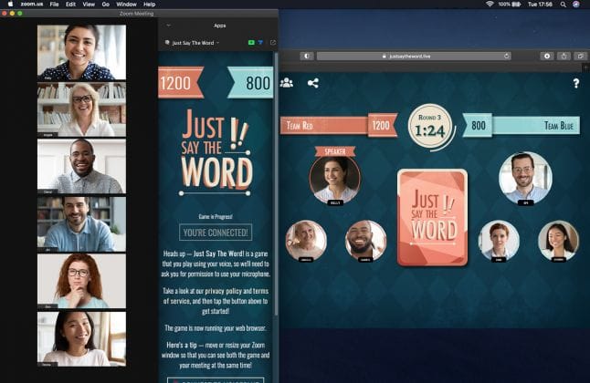 Five people in a video call playing an in-app Zoom Game, Just Say The Word. The image shows the Zoom window with each person's video feed and a browser window with the game board. Five people in a video call playing an in-app Zoom Game, Just Say The Word. The image shows the Zoom window with each person's video feed and a browser window with the game board.