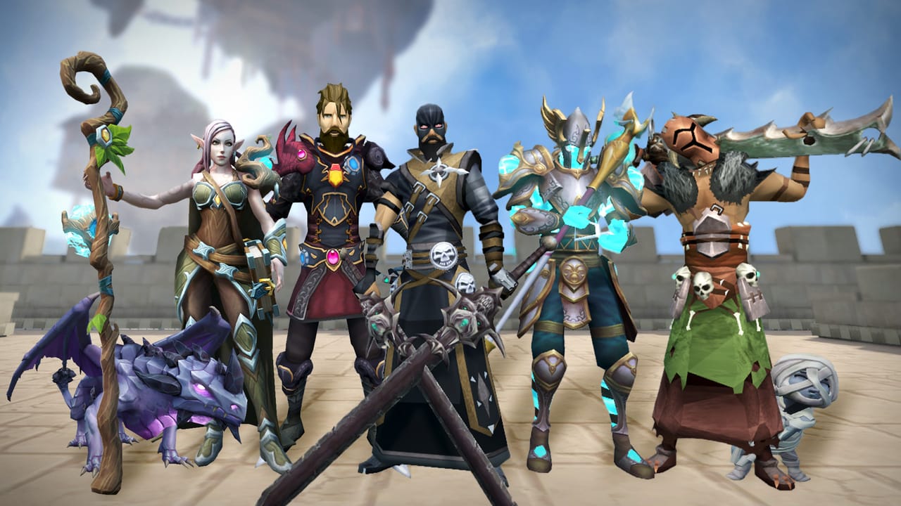 A group of Runescape characters pose together A group of Runescape characters pose together