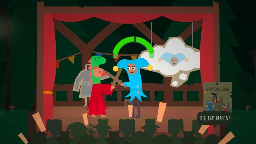 A jester and a person poorly dressed as a dragon are having a sword fight on a stage
