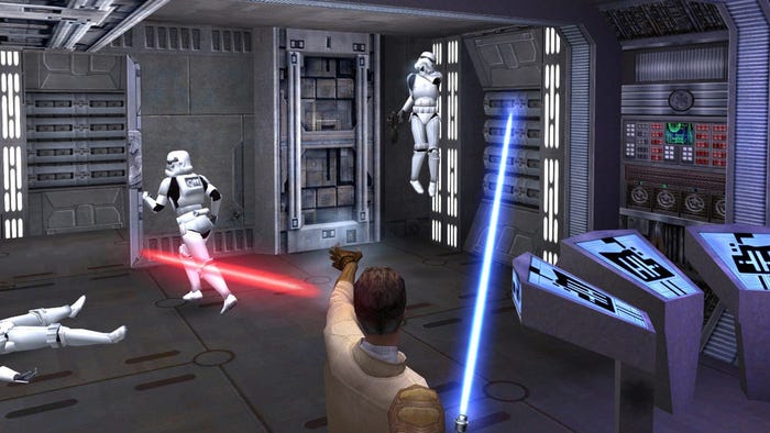 A screenshot from Jedi Knight II: Jedi Outcast. Kyle Katarn force chokes one Stormtrooper while another flees.