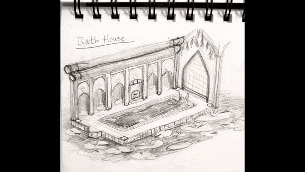 An animated GIF depicting the interior of the bathhouse from sketch to 3D interior space.