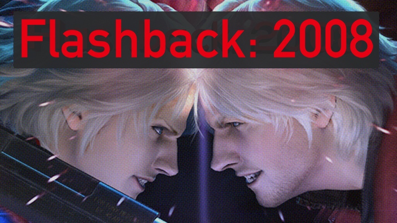Dante and Nero face off under a banner that says "Flashback: 2008."