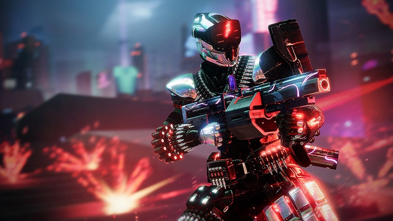 A character from Destiny 2 Lightfall points a gun off camera. A character from Destiny 2 Lightfall points a gun off camera.