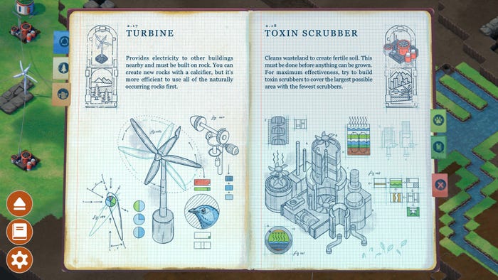A screenshot from Terra Nil, showing off the futuristic Turbine and Toxin Scrubbers.