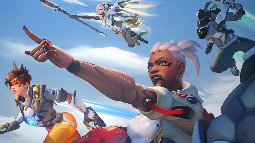 Soujourn, Genji, and other Heroes in splash art for Overwatch 2.