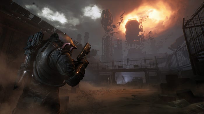 The player character stares at an exploding factory in Cronos: The New Dawn. The player character stares at an exploding factory in Cronos: The New Dawn.