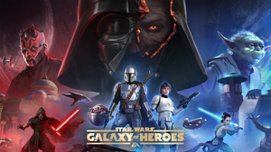 A number of Star Wars characters pose in front of the Galaxy of Heroes logo. A number of Star Wars characters pose in front of the Galaxy of Heroes logo.