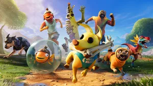 Art of Fortnite, primarily showing a dog running with a skeleton arm in their mouth Art of Fortnite, primarily showing a dog running with a skeleton arm in their mouth