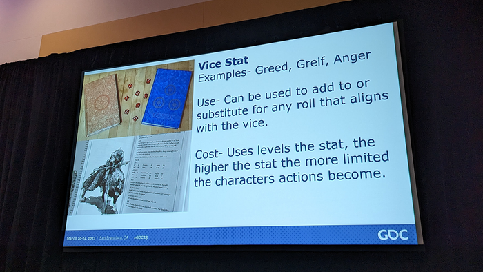 A photo of a slide from Hill's GDC 2023 talk showing examples of vice stats