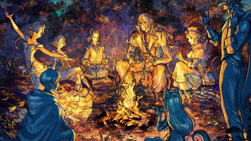 Key art for Square Enix's Octopath Traveler II, showing the game's main characters at camp.