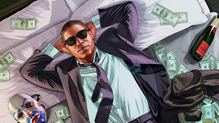 A thief laying on a bed of money in GTA Online.