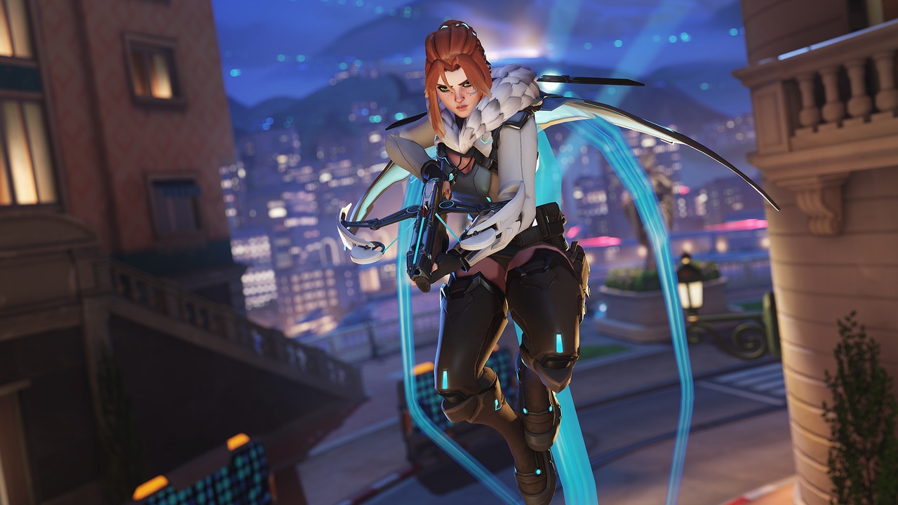 Overwatch 2 character Freja leaps in the air. Overwatch 2 character Freja leaps in the air.