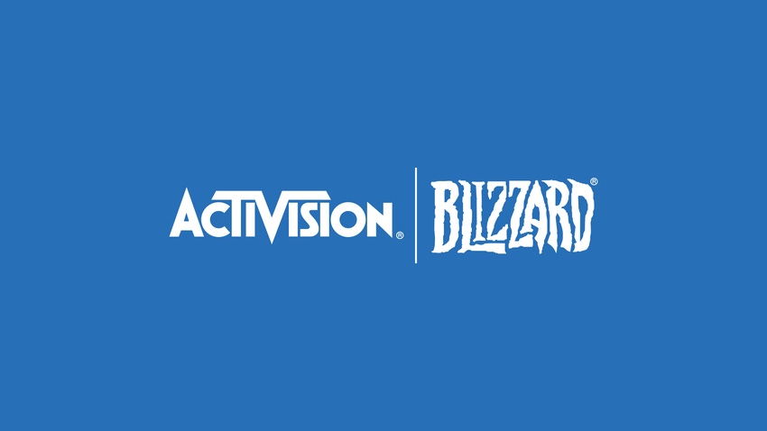 Blue-and-white company logo for game publisher Activision Blizzard.