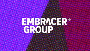 The Embracer logo on a stylised background