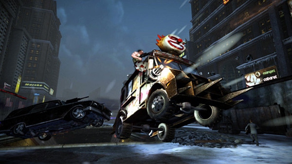 A screenshot from 2012's Twisted Metal featuring fan-favorite character Sweet Tooth.