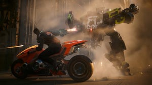 A screenshot from Cyberpunk 2077: Phantom Liberty. The player character rides a motorcycle and shoots at a giant robot.