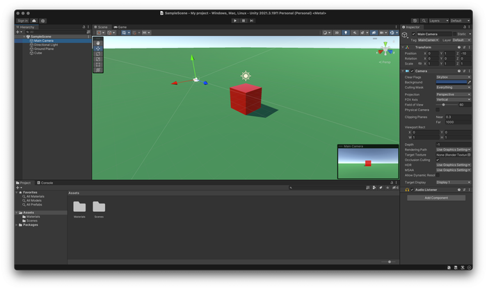 An image of the Unity game engine, with a red cube in teh center window