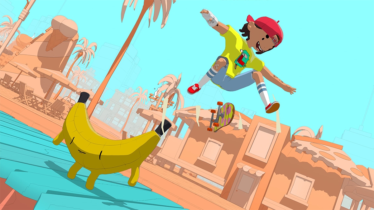 A skater in OlliOlli World doing a kick flip A skater in OlliOlli World doing a kick flip