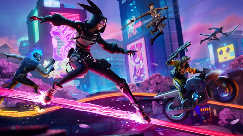 A screenshot from the latest season of Fortnite showing characters traversing a neon-drenched urban sprawl