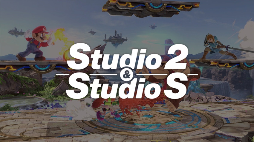 The Studio 2 / Studio S logos overlaid on a screenshot of Super Smash Bros. Ultimate