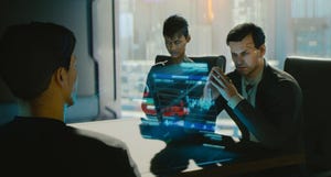 Three Corpos in a business meeting in Cyberpunk 2077.