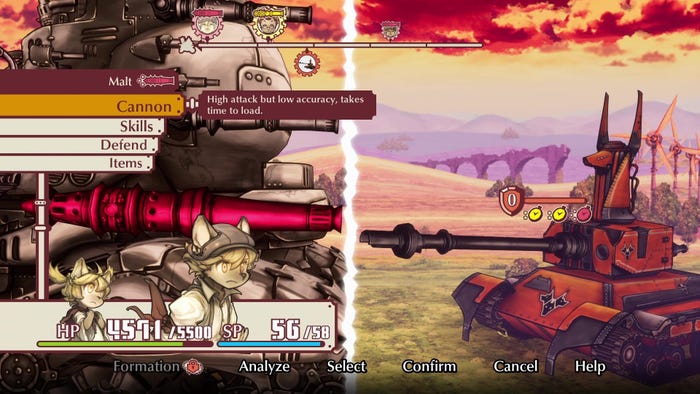 An RPG menu showing action options as two tanks engage in combat.