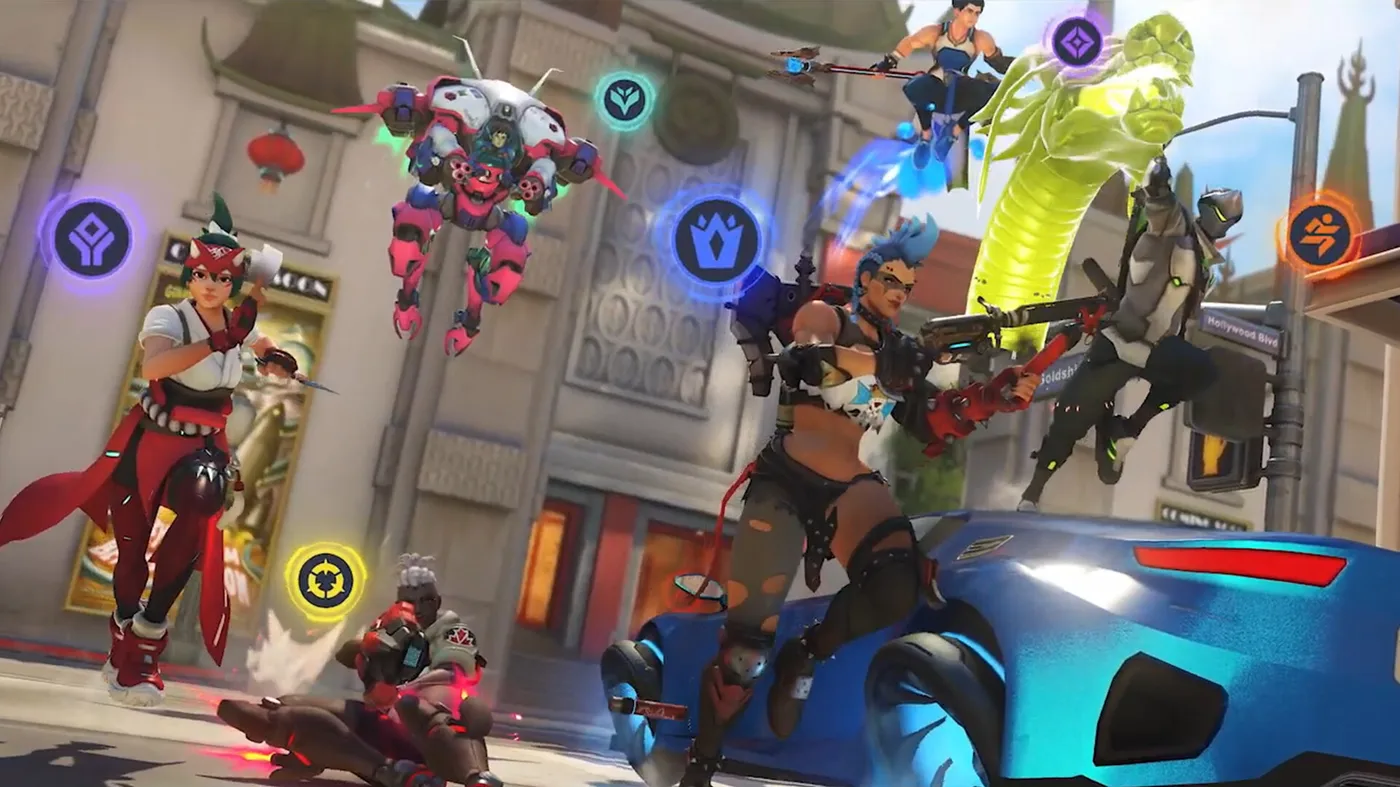 Colorful heroes from Overwatch fly across the battlefield Colorful heroes from Overwatch fly across the battlefield