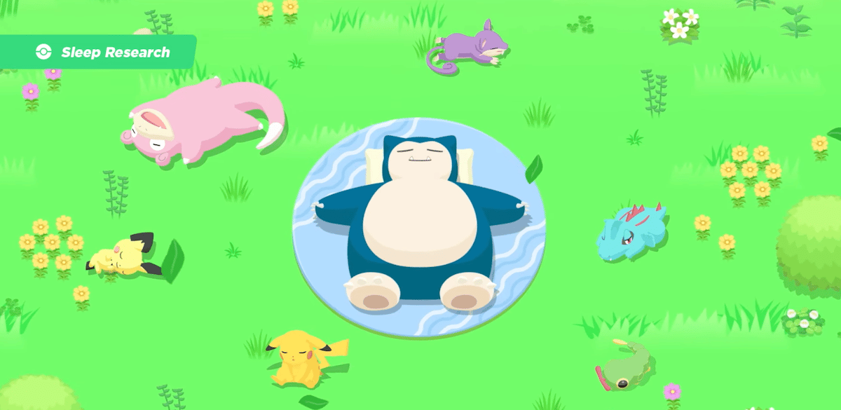 Pokemon Sleep gameplay showing a snoozing Snorlax surrounded by other Pokemon Pokemon Sleep gameplay showing a snoozing Snorlax surrounded by other Pokemon