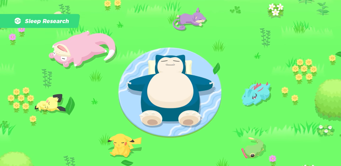 Pokemon Sleep gameplay showing a snoozing Snorlax surrounded by other Pokemon