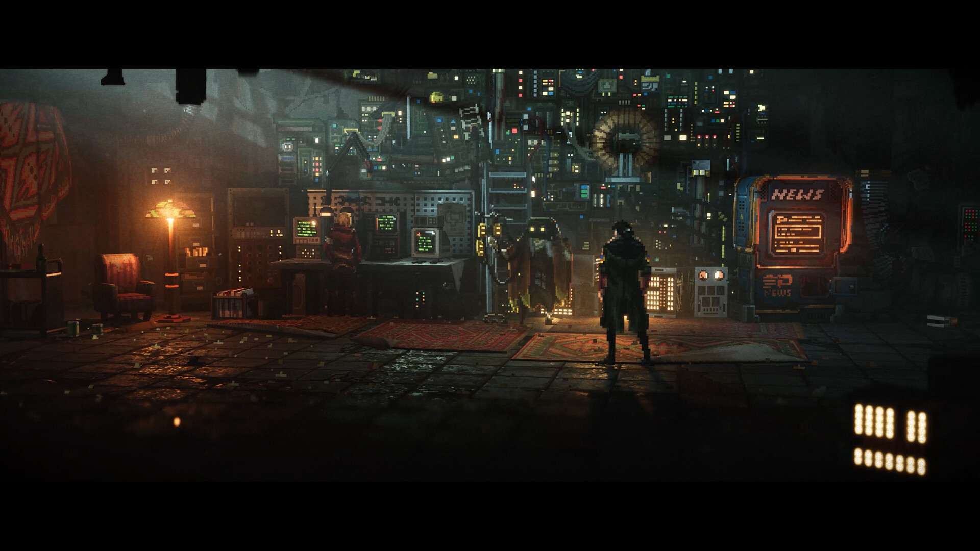 the central character in a dingy cyberpunk computer lab