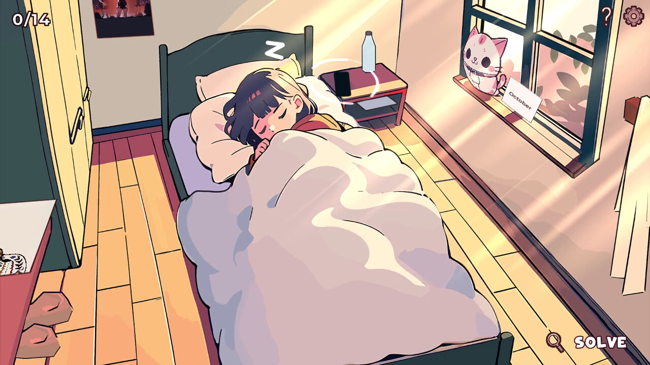 A screenshot from Little Problems: A Cozy Detective Game. The player character sleeps in a bed. A screenshot from Little Problems: A Cozy Detective Game. The player character sleeps in a bed.