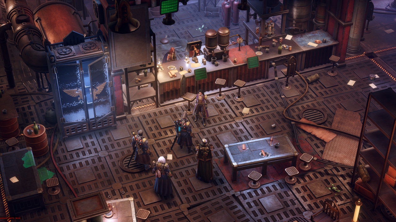 A screenshot from Warhammer 40,000: Rogue Trader. The four player characters speak with a woman in the slums. A screenshot from Warhammer 40,000: Rogue Trader. The four player characters speak with a woman in the slums.