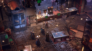 A screenshot from Warhammer 40,000: Rogue Trader. The four player characters speak with a woman in the slums.