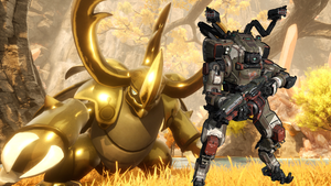 A monster from Palworld and a giant robot from Titanfall 2 stand next to each other. A monster from Palworld and a giant robot from Titanfall 2 stand next to each other.