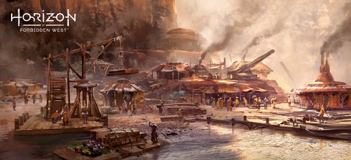 Concept art of a wooden settlement in Horizon Forbidden West, complete with working saw mill