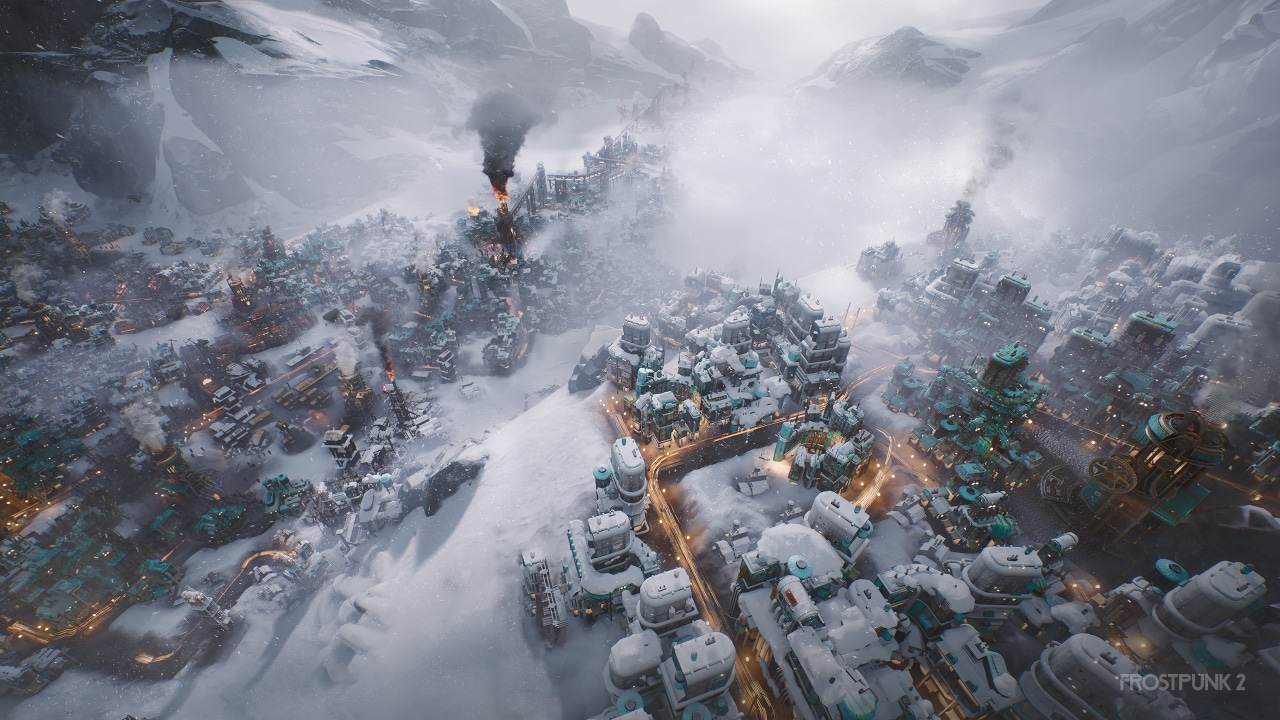 Frostpunk 2 screen showing a city in the frozen depths Frostpunk 2 screen showing a city in the frozen depths