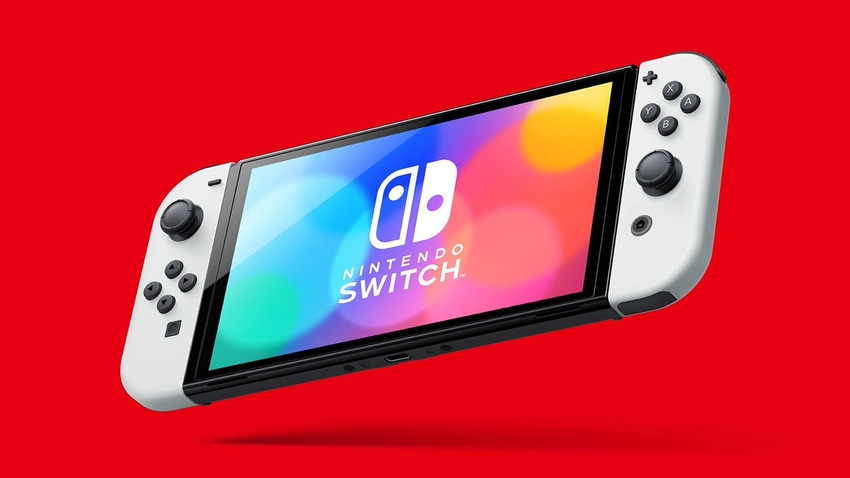 A photograph of the Switch OLED Model on a red background