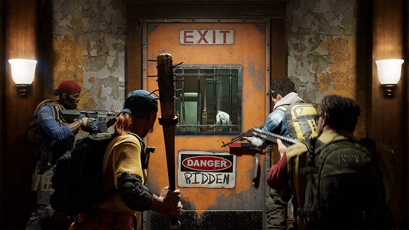 Four Back 4 Blood player characters gather in front of a door. Four Back 4 Blood player characters gather in front of a door.