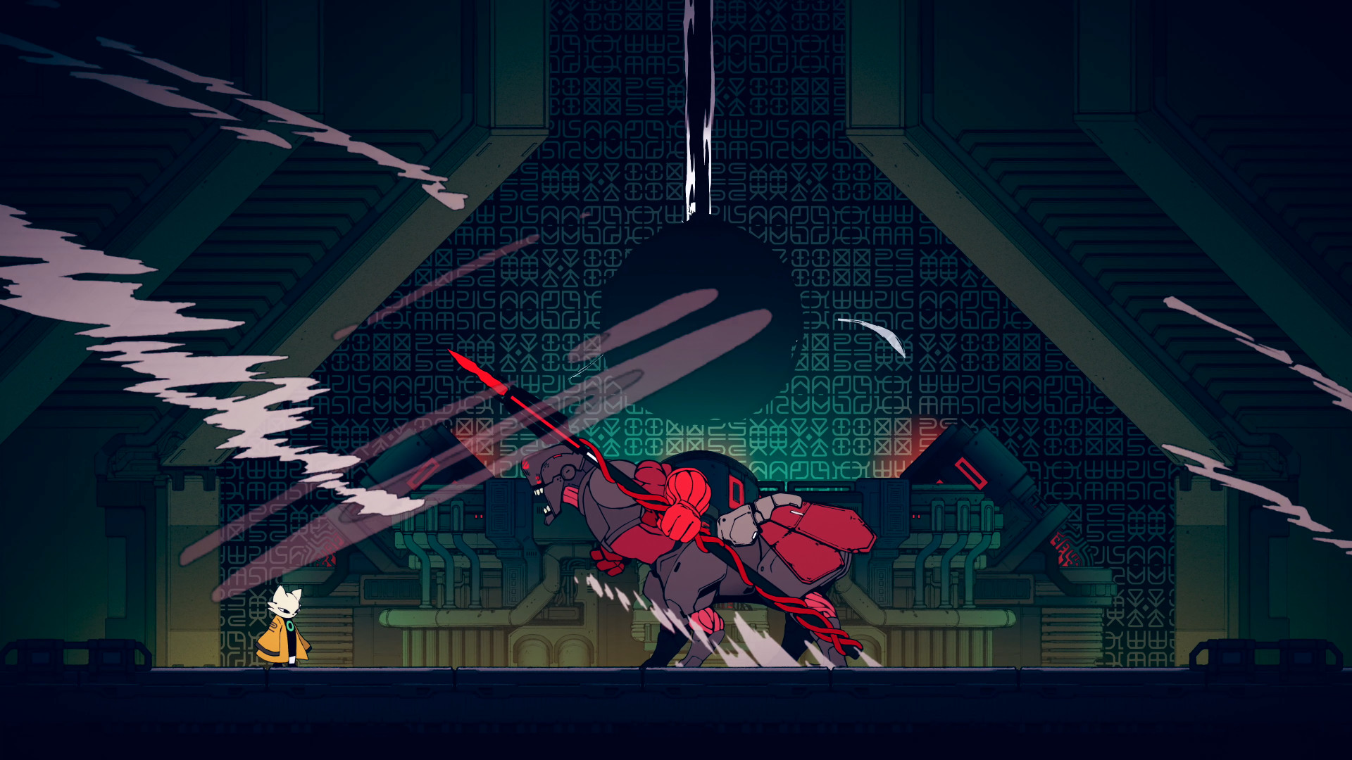 a screenshot from Nine Sols. The foxlike player character is attacked by a mechanical centaur.