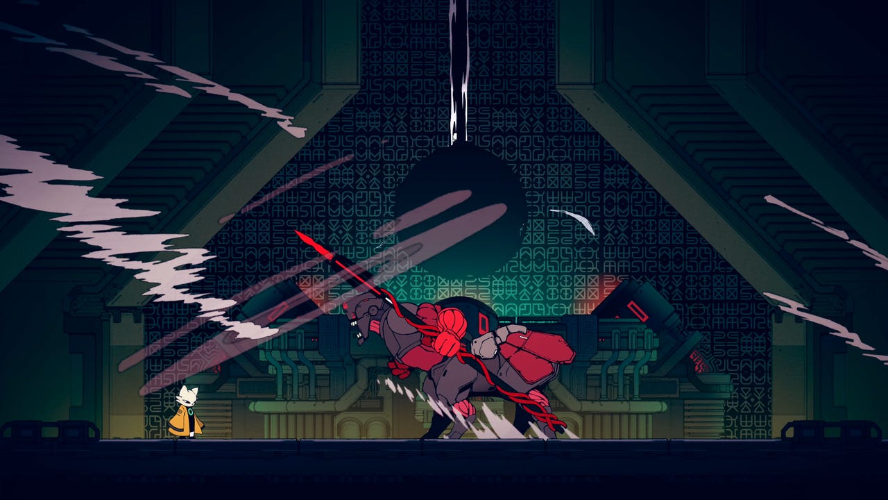 a screenshot from Nine Sols. The foxlike player character is attacked by a mechanical centaur. a screenshot from Nine Sols. The foxlike player character is attacked by a mechanical centaur.