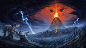 Key art for Against the Storm. An anthropomorphized Beaver and Lizard look up at the image of a mask floating over a volcano.