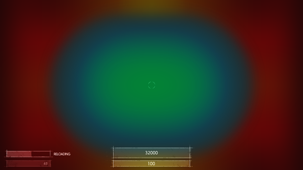 Fig. C2: Approximation to illustrate areas that will require higher amplitude levels to shift the locus of attention. Green and blue denotes the areas a player will actively scan when they are immersed into gameplay; red is the area they will most likely not notice changes too well.