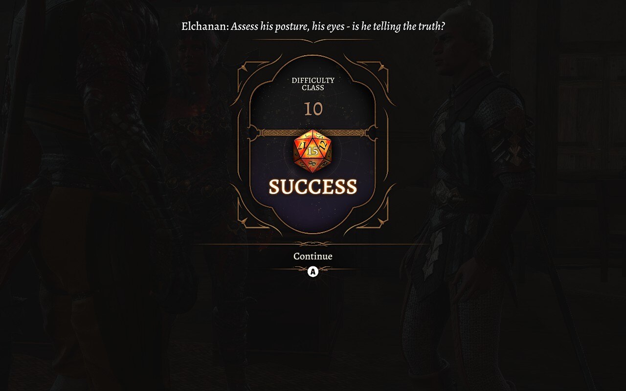 A screenshot from Baldur's Gate 3. The player rolled a 15, and the screen indicates success.