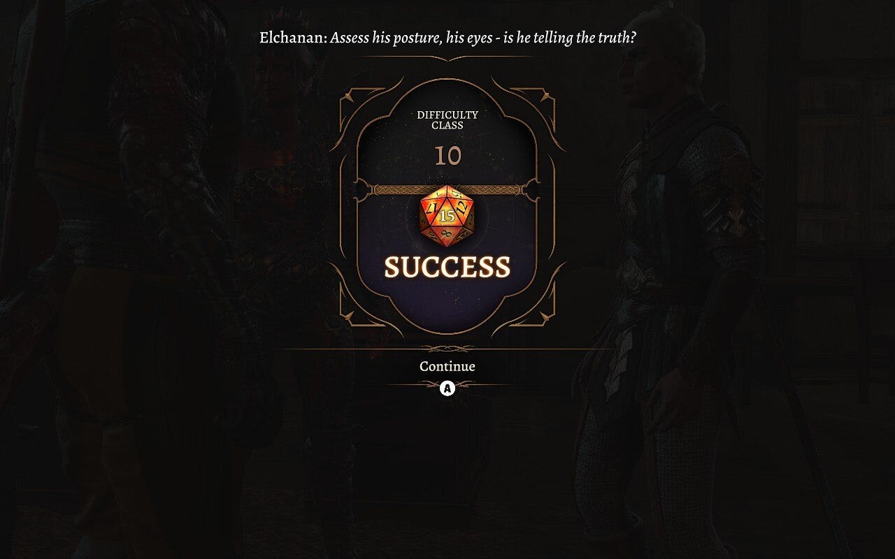 A screenshot from Baldur's Gate 3. The player rolled a 15, and the screen indicates success.