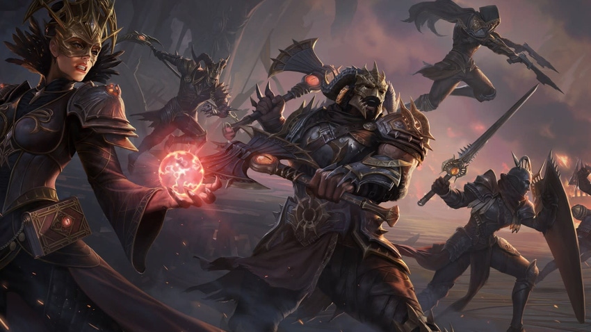 Key art for Blizzard's Diablo Immortal, showing heroes charging into battle.