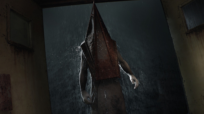 A screenshot from the remake of Silent Hill 2 featuring beloved character Pyramid Head